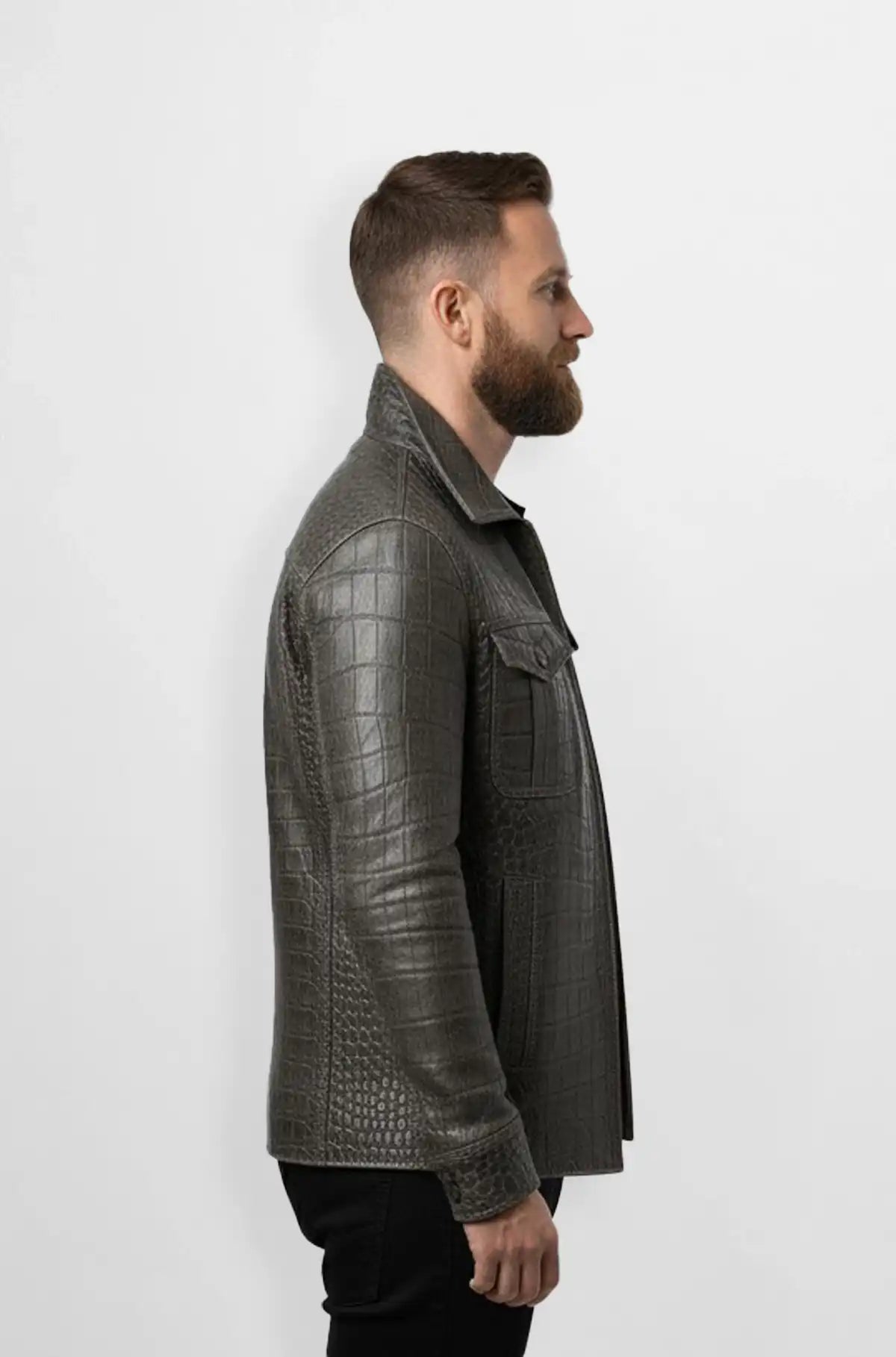 Charcoal Grey Crocodile Leather Trucker Jacket Side view