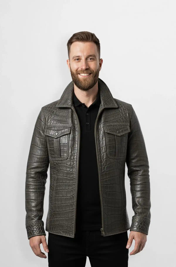 Charcoal Grey Crocodile Leather Trucker Jacket Front view