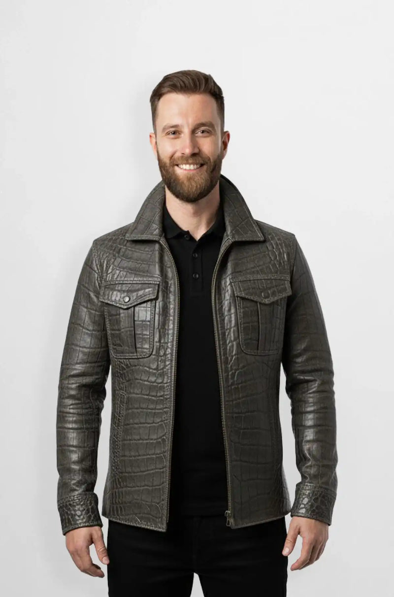 Charcoal Grey Crocodile Leather Trucker Jacket Front view