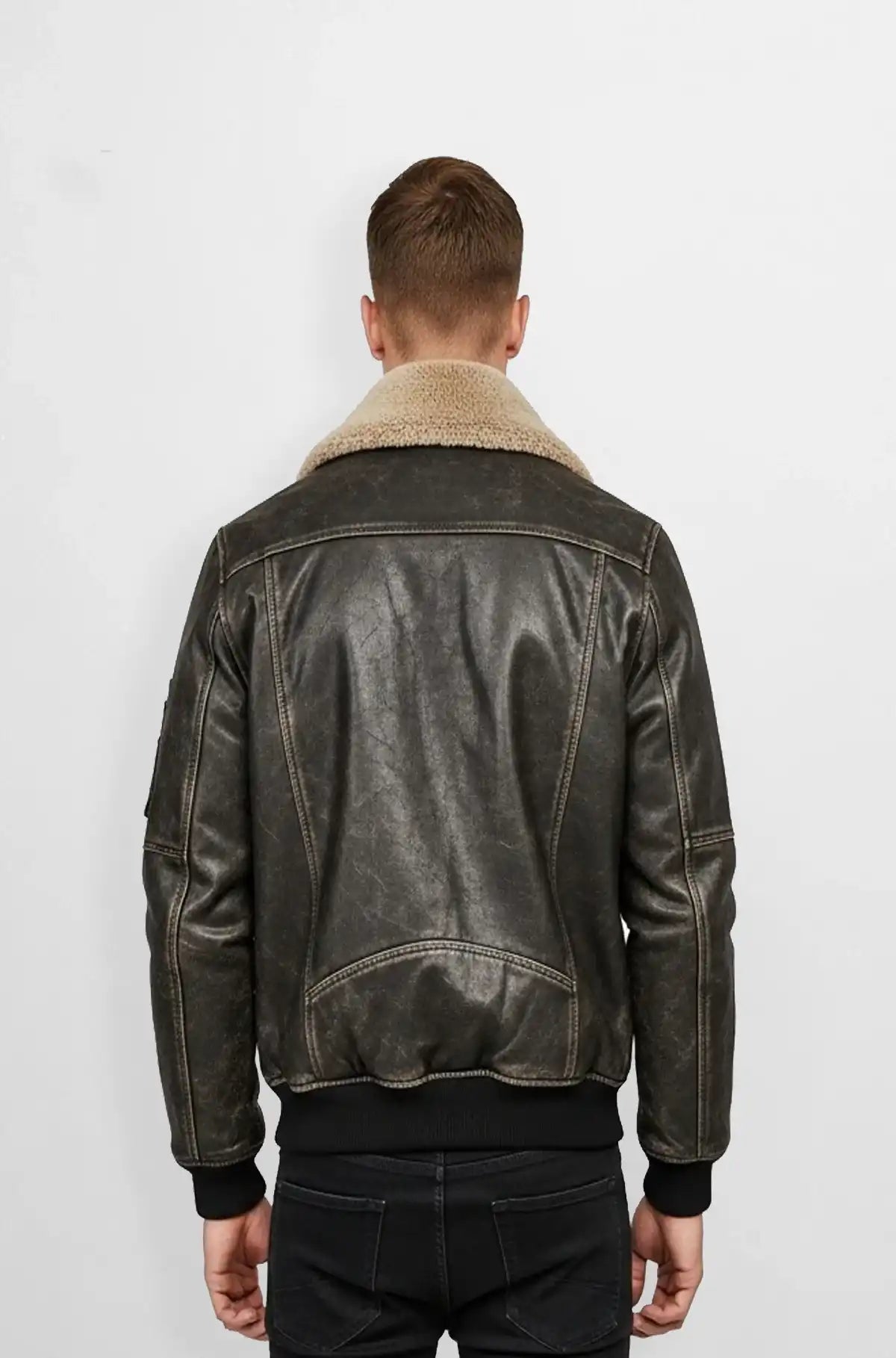 Charcoal Grey Leather Bomber Jacket Back view