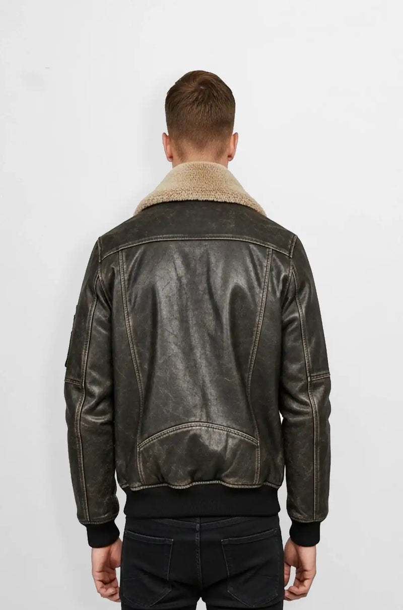 Charcoal Grey Leather Bomber Jacket Back view