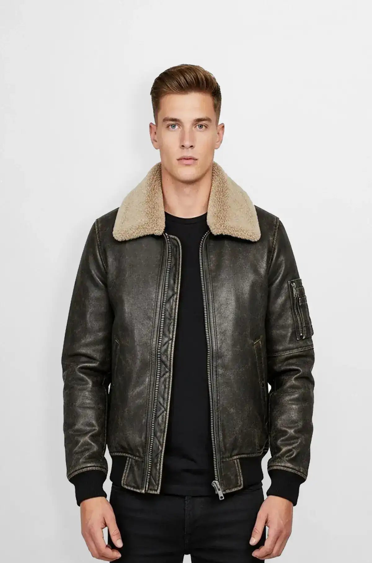 Charcoal Grey Leather Bomber Jacket Front view