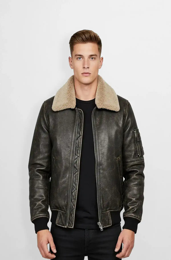 Charcoal Grey Leather Bomber Jacket Front view