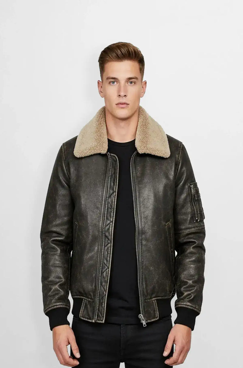 Charcoal Grey Leather Bomber Jacket Front view