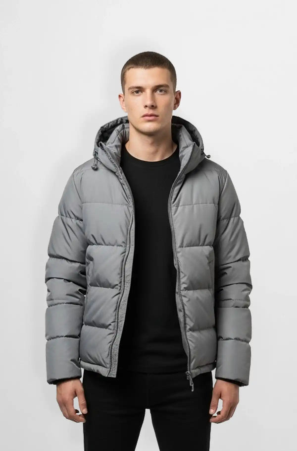 Charcoal Grey Quilted Hooded Puffer Jacket Front view