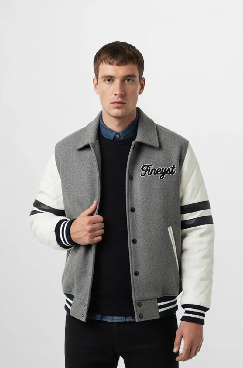 Charcoal Grey Wool Leather Varsity Jacket Front view