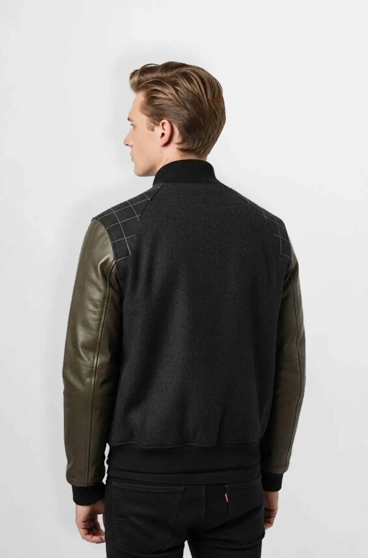 Charcoal Grid Wool Leather Varsity Jacket Back view