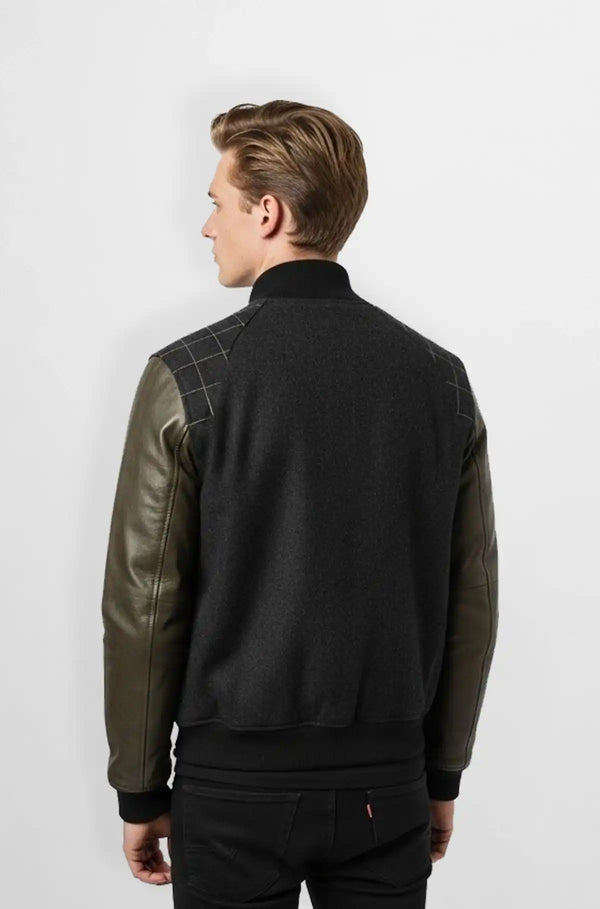 Charcoal Grid Wool Leather Varsity Jacket Back view
