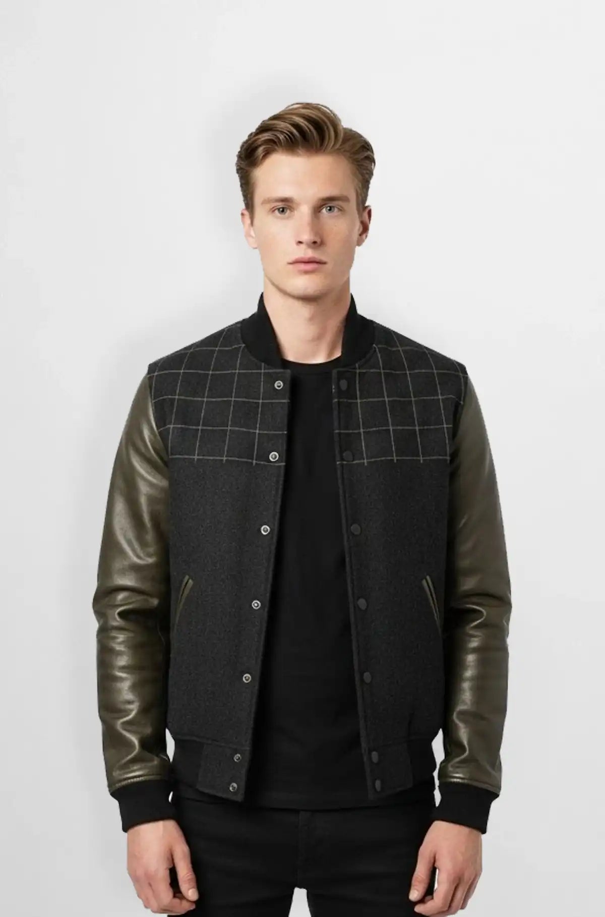 Charcoal Grid Wool Leather Varsity Jacket Front view