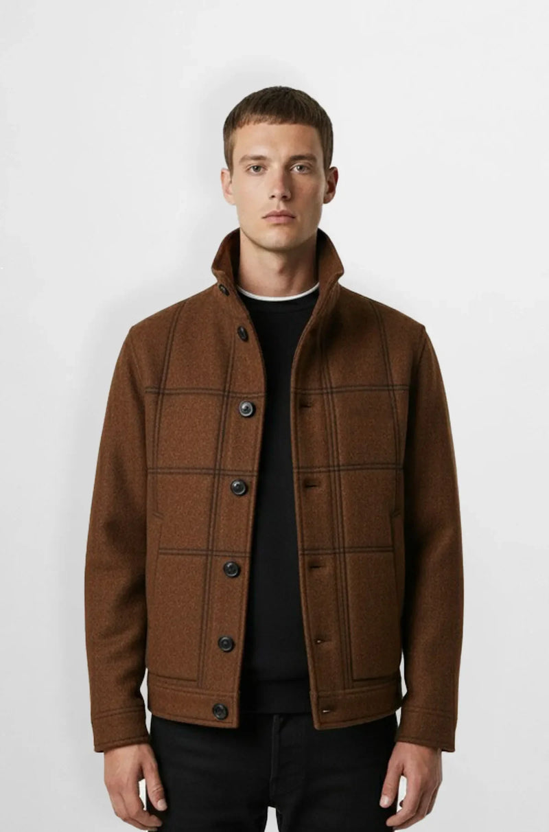 Checkered Brown Wool Bomber Jacket Front viewCheckered Brown Wool Bomber Jacket