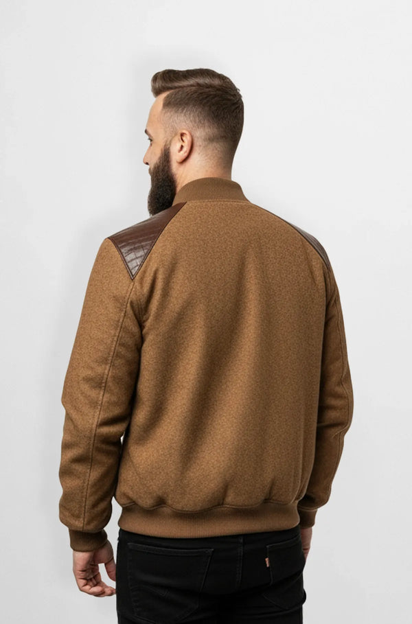 Chestnut Brown Crocodile Wool Leather Bomber Jacket Back view