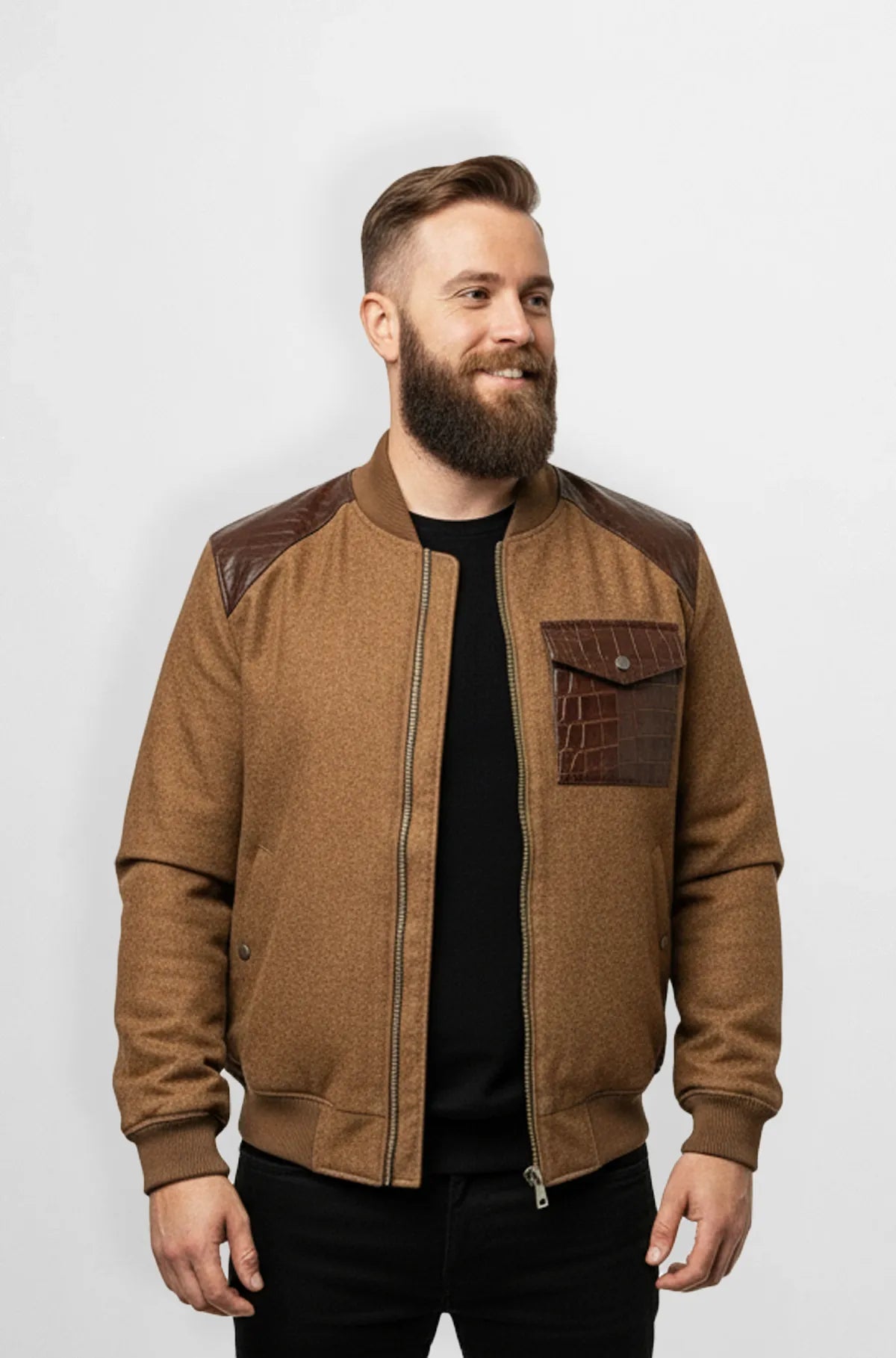 Chestnut Brown Crocodile Wool Leather Bomber Jacket Front view