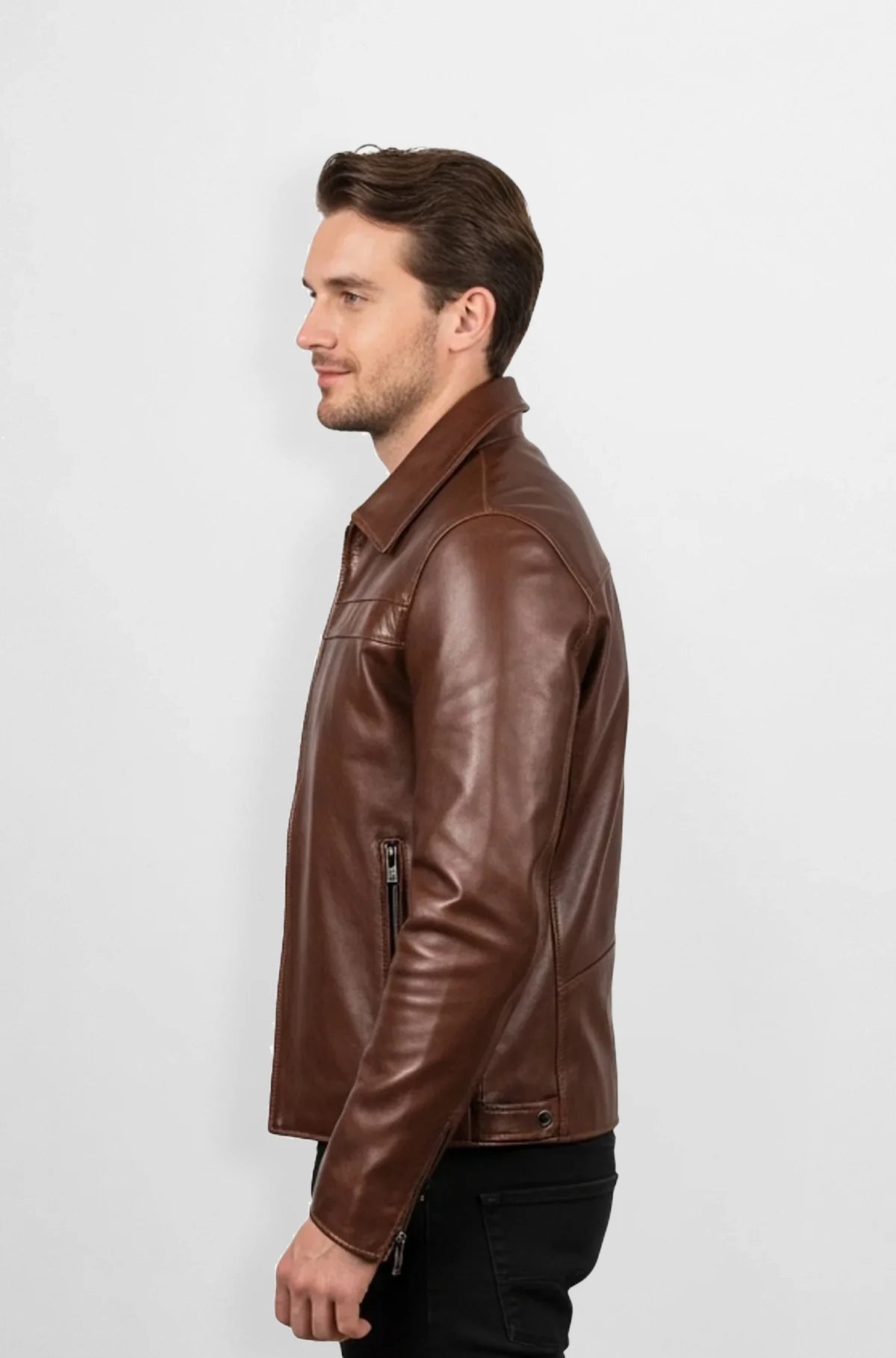 Chestnut Brown Moto Leather Jacket Side view