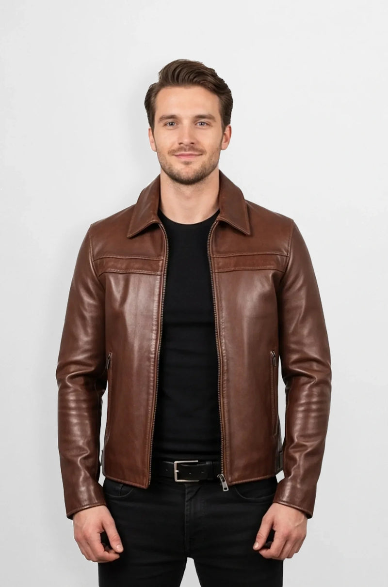 Chestnut Brown Moto Leather Jacket Front view