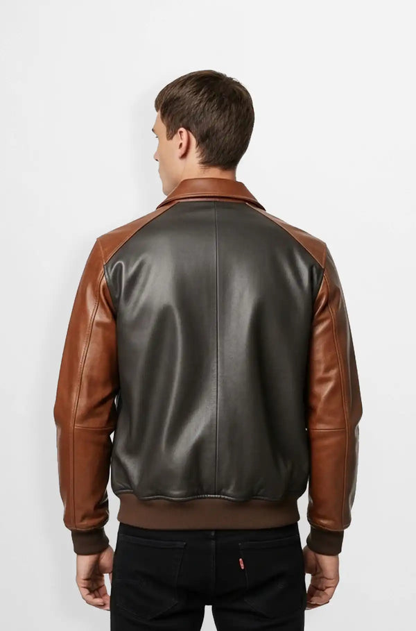 Chocolate Brown & Cognac Leather Bomber Jacket Back view