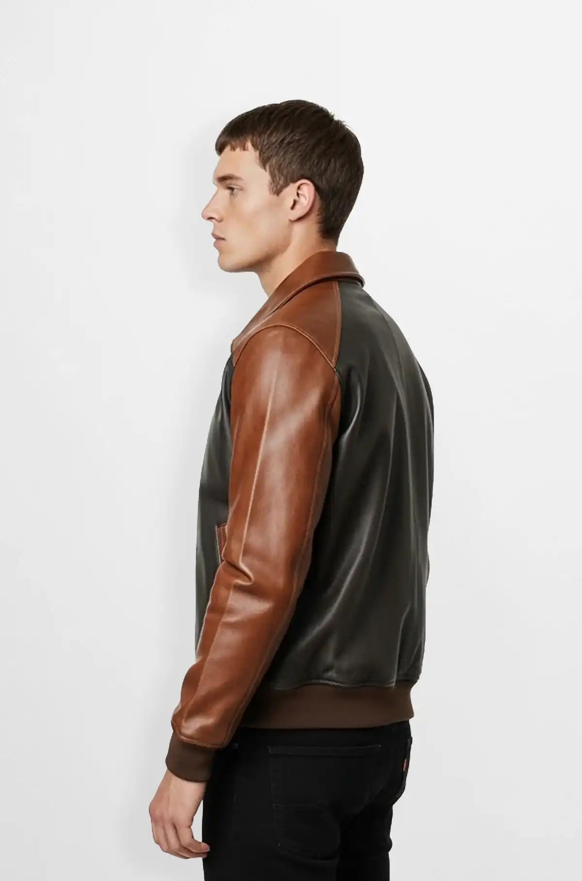 Chocolate Brown & Cognac Leather Bomber Jacket Side view