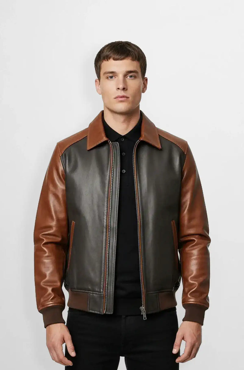 Chocolate Brown & Cognac Leather Bomber Jacket Front view