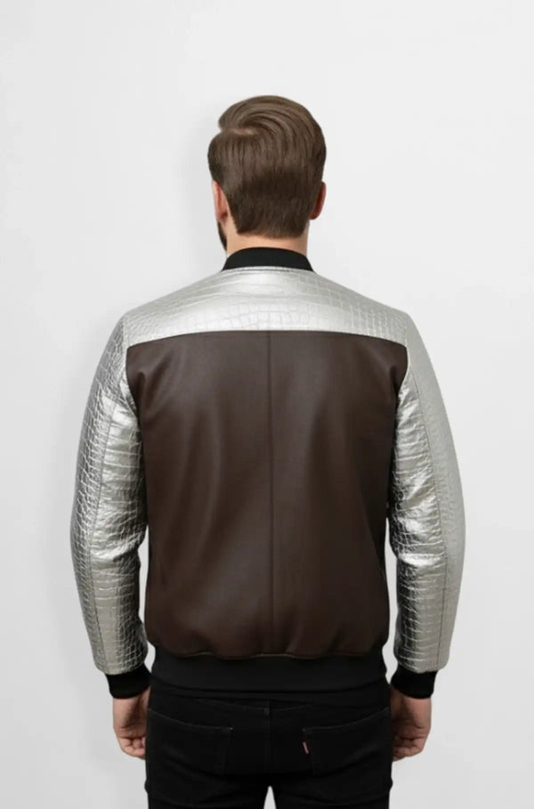 Chocolate Brown Crocodile Leather Bomber Jacket Back view
