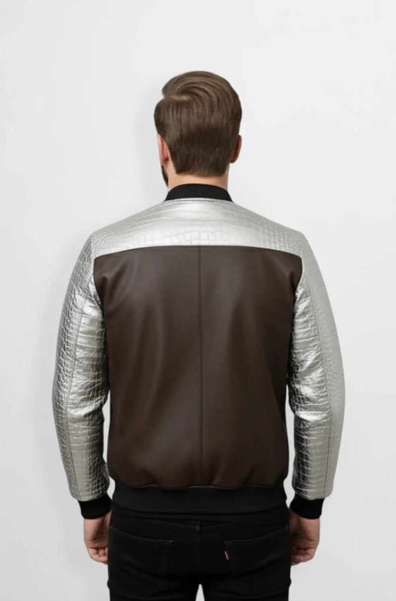 Chocolate Brown Crocodile Leather Bomber Jacket Back view