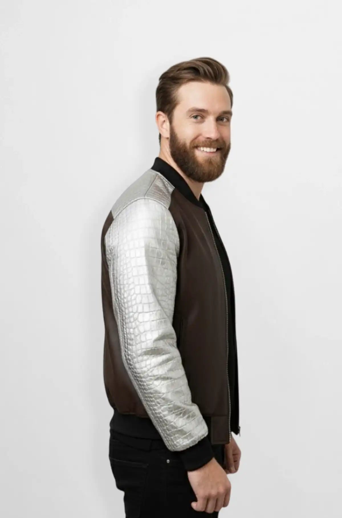 Chocolate Brown Crocodile Leather Bomber Jacket Side view