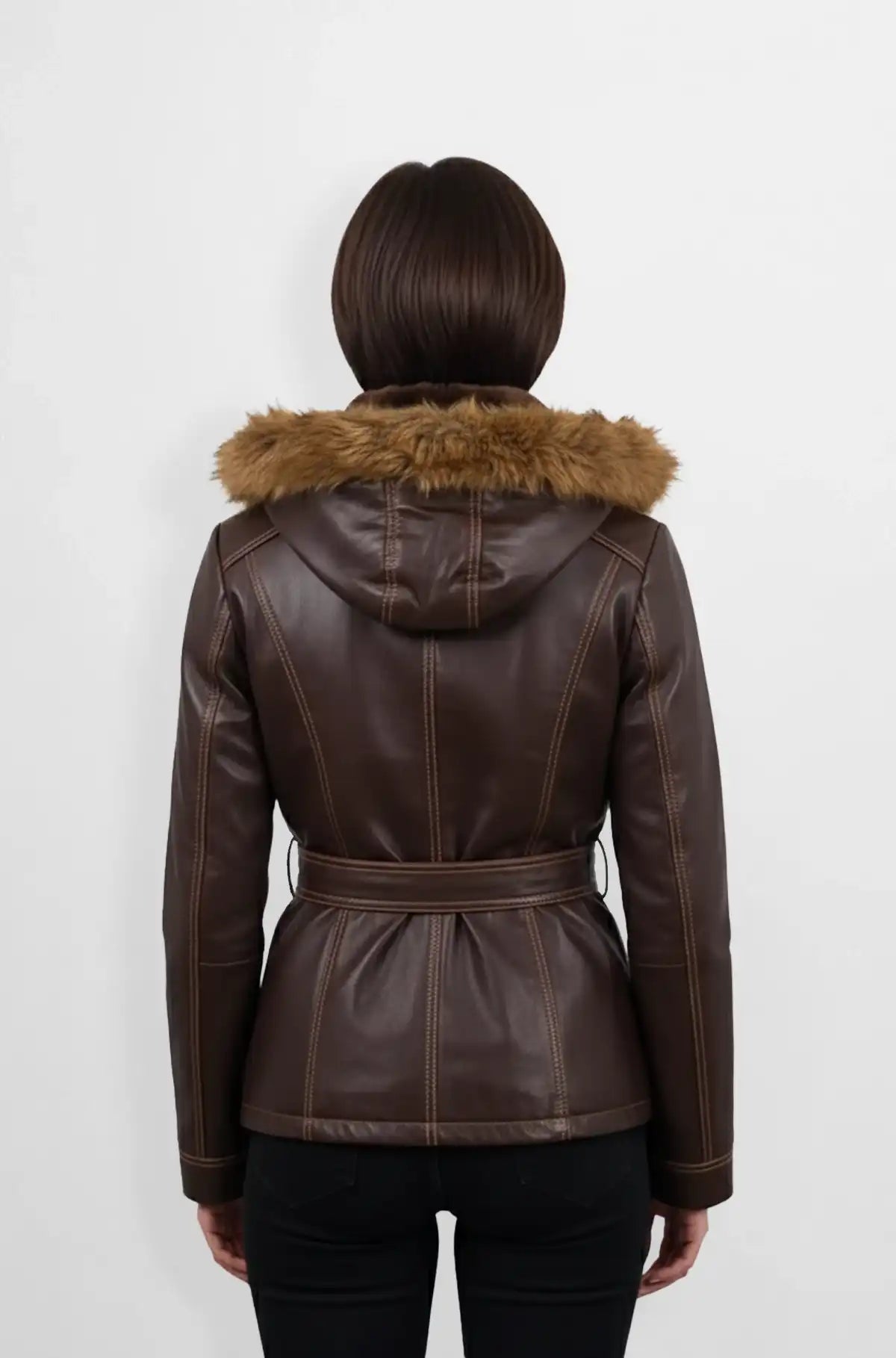 Chocolate Brown Fur Hooded Leather Blazer Back view