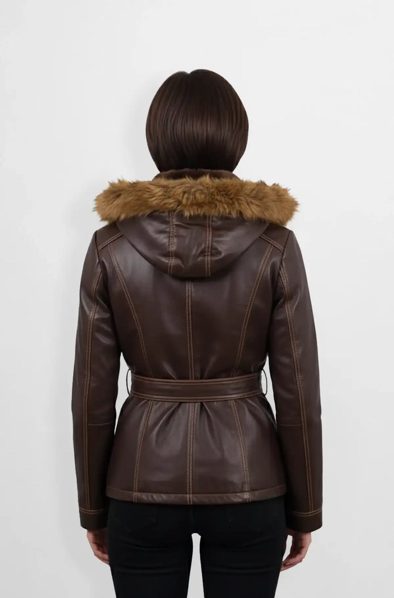 Chocolate Brown Fur Hooded Leather Blazer Back view