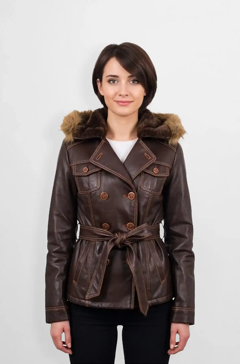 Chocolate Brown Fur Hooded Leather Blazer Front view