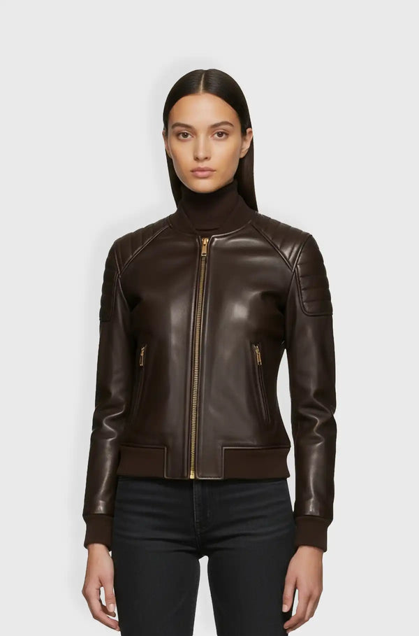 Dark Chocolate Brown Leather Bomber Jacket Front view