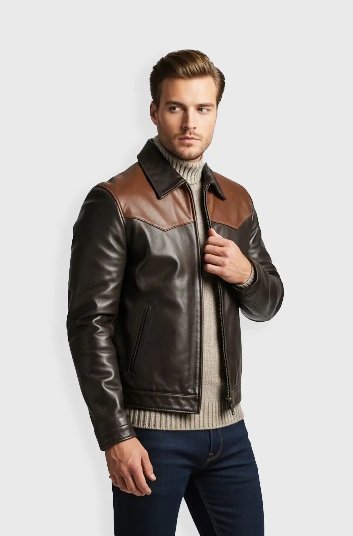 Chocolate Brown Leather Jacket with Contrast Panels