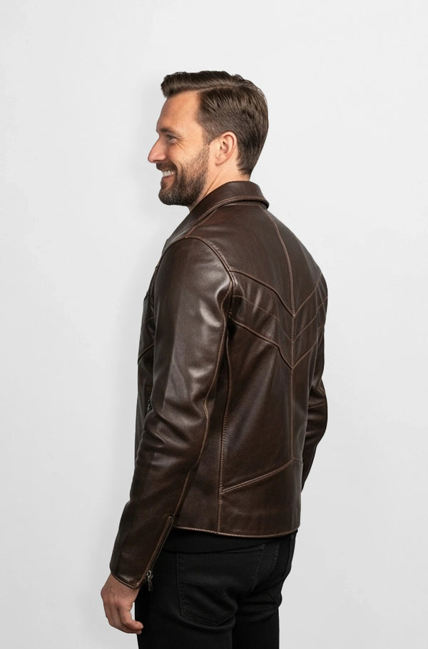 Cinnaom Brown Leather Racer Jacket for Men