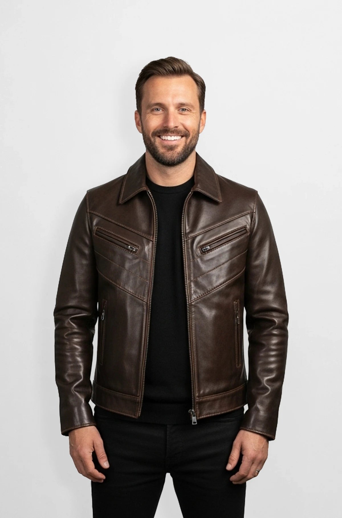 Cinnaom Brown Leather Racer Jacket for Men