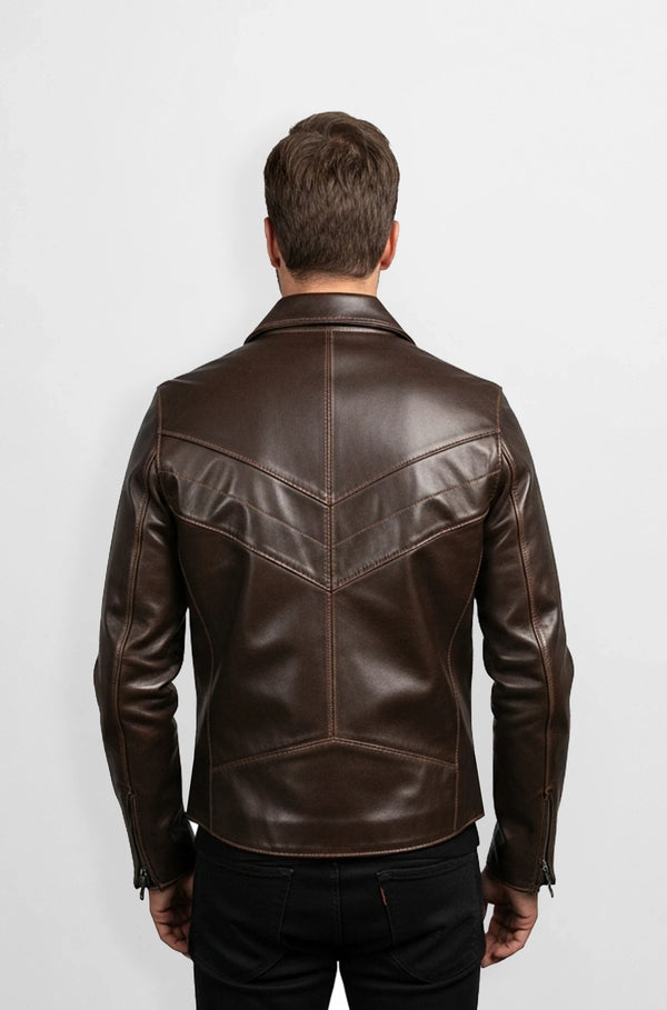 Cinnaom Brown Leather Racer Jacket for Men