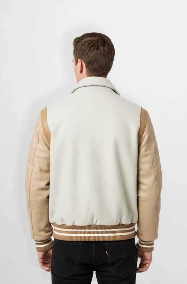 Classic Beige Wool Leather Varsity Jacket Back view