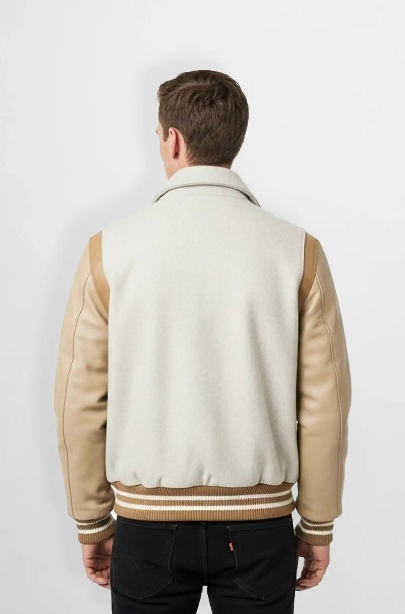 Classic Beige Wool Leather Varsity Jacket Back view