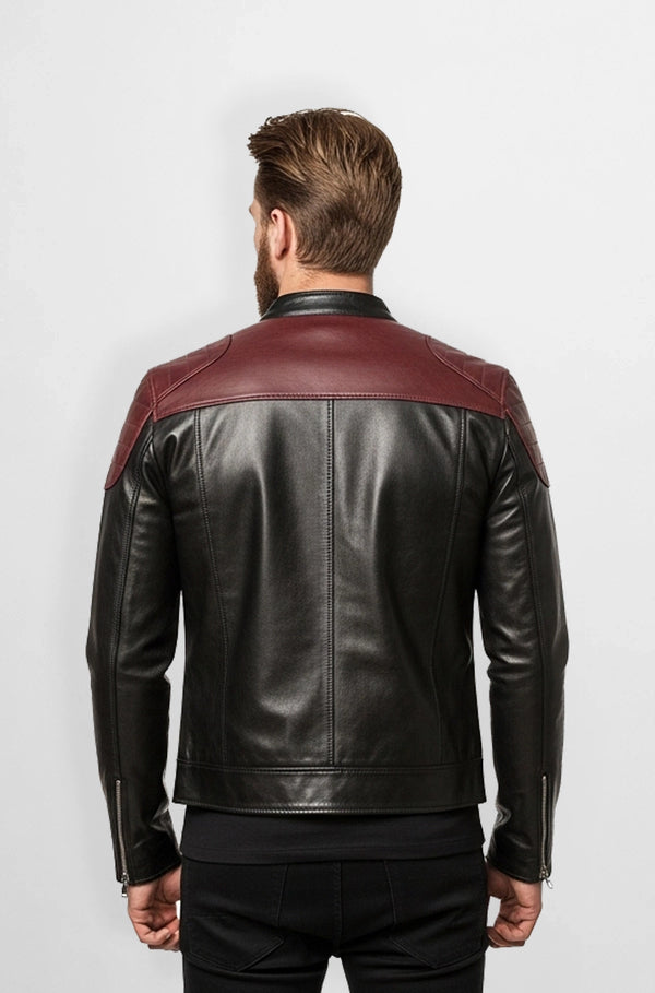 Classic Black & Burgundy Leather Racer Jacket Back view