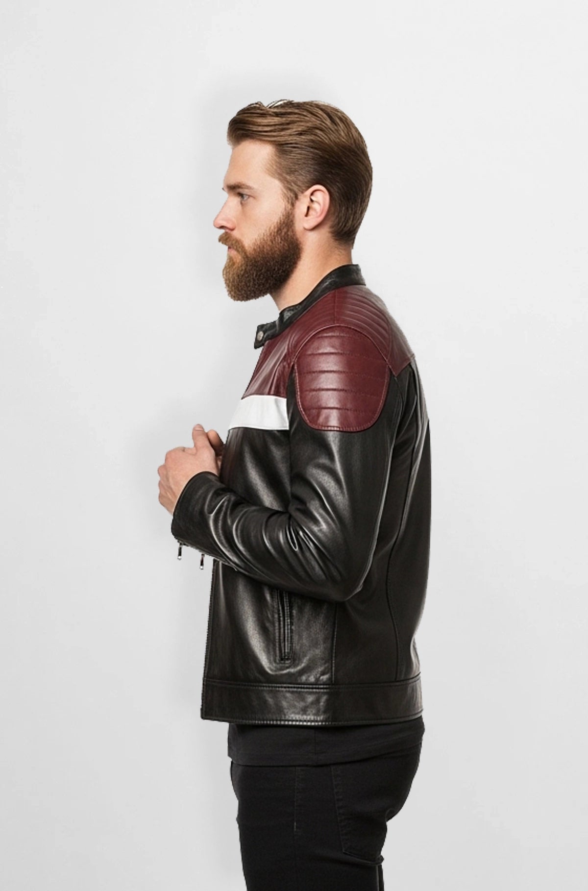 Classic Black & Burgundy Leather Racer Jacket Side view