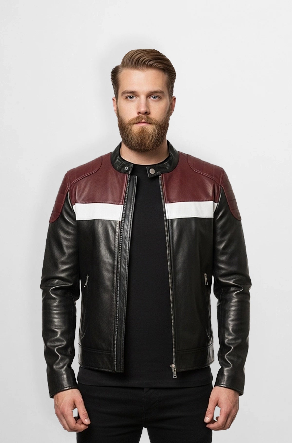 Classic Black & Burgundy Leather Racer Jacket Front view