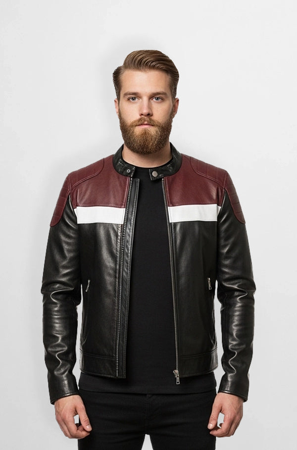 Classic Black & Burgundy Leather Racer Jacket Front view