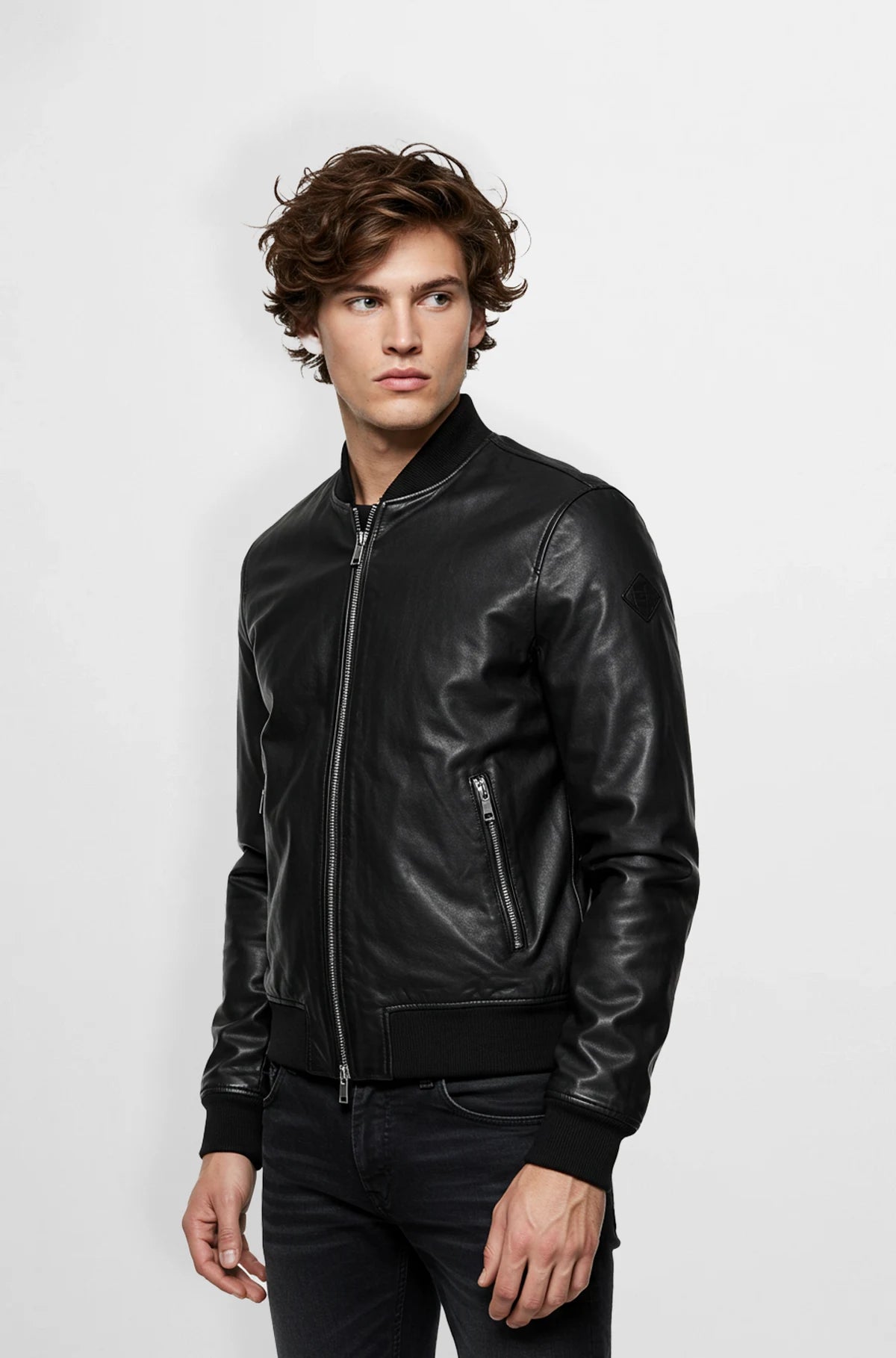 Classic Black Leather Bomber Jacket