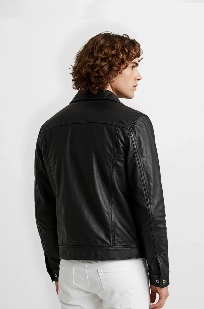 Classic Black Trucker Leather Jacket