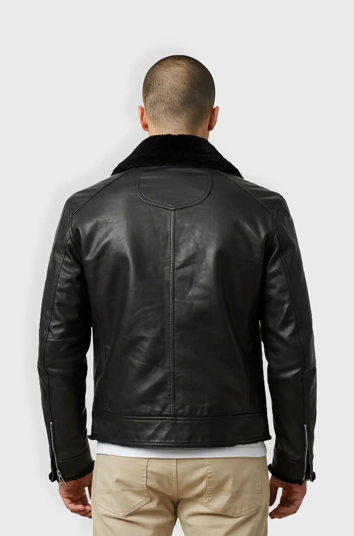 Classic Black Shearling Leather Biker Jacket Back view
