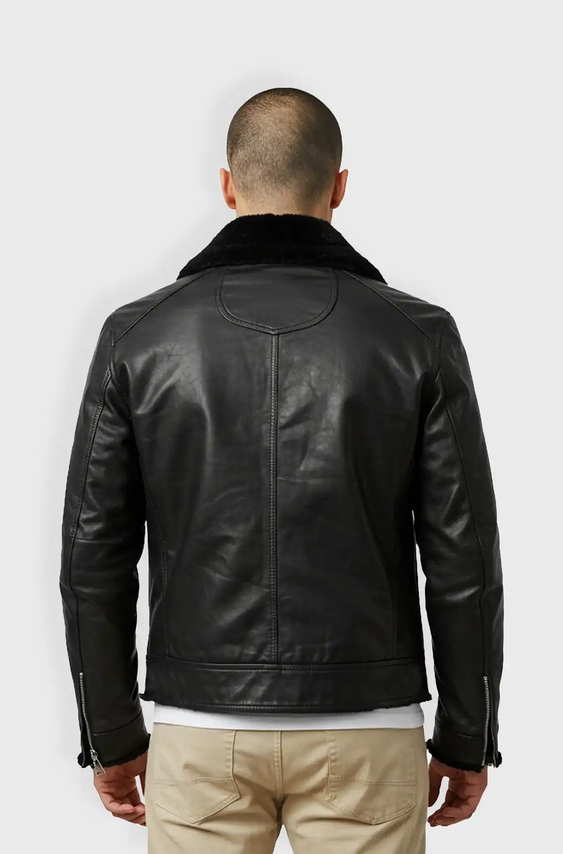 Classic Black Shearling Leather Biker Jacket Back view