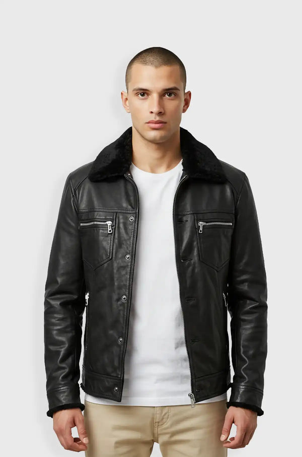 Classic Black Shearling Leather Biker Jacket Front view