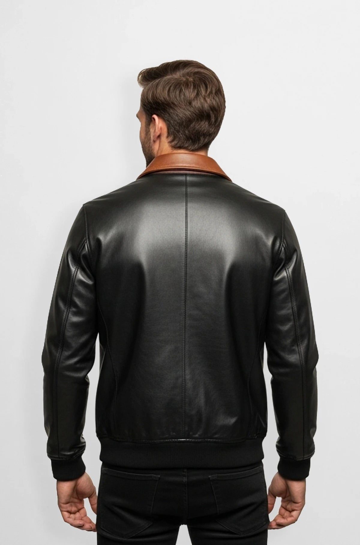 Classic Black and Brown Leather Bomber Jacket
