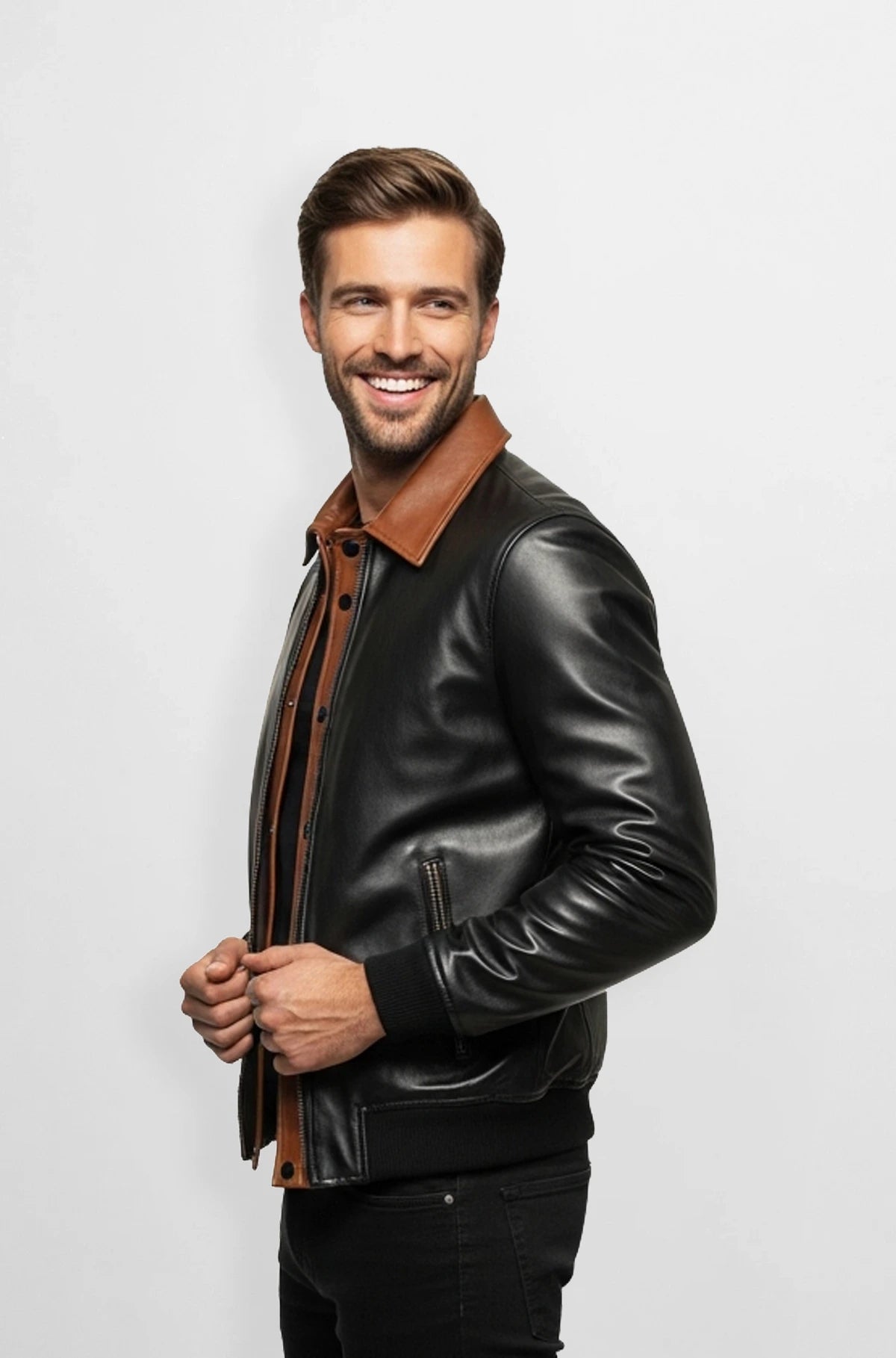 Classic Black and Brown Leather Bomber Jacket