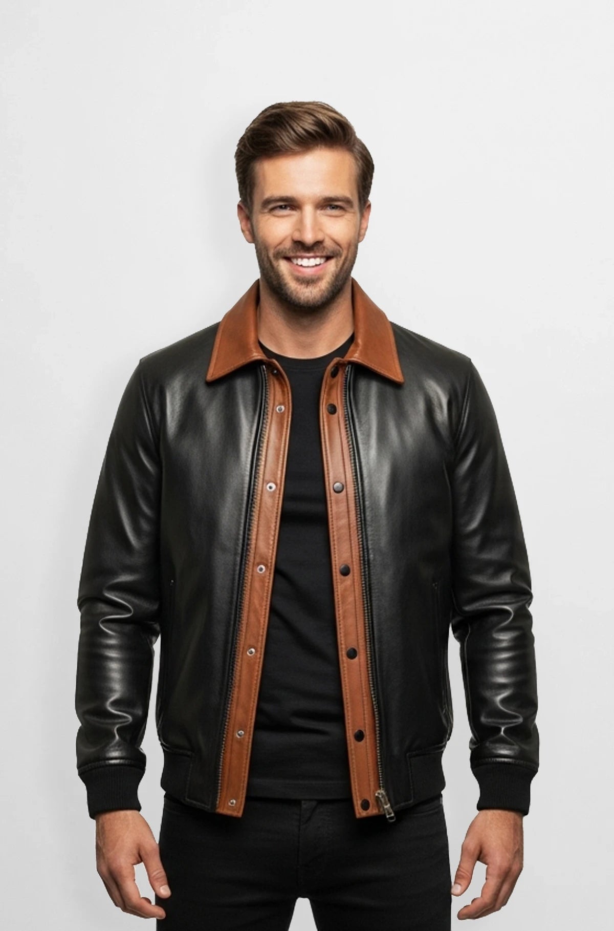 Classic Black and Brown Leather Bomber Jacket