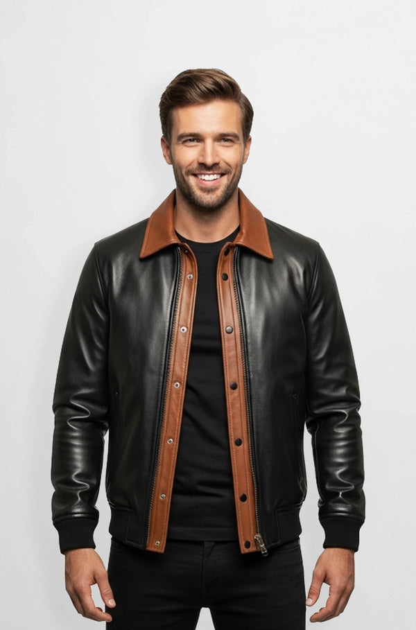 Classic Black and Brown Leather Bomber Jacket