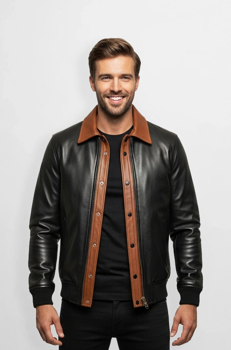 Classic Black and Brown Leather Bomber Jacket