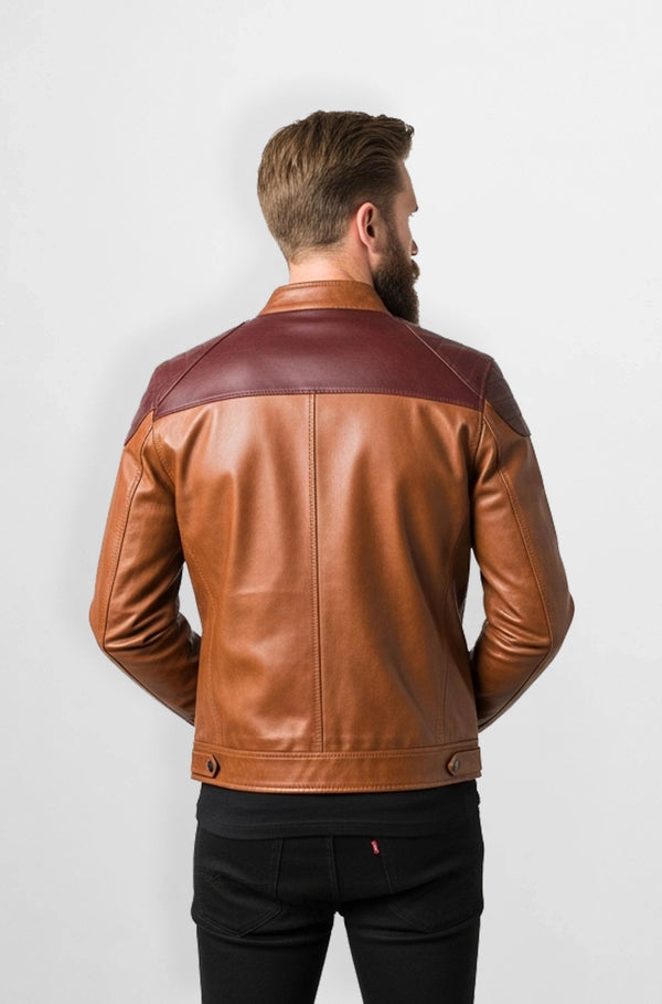 Classic Brown & Burgundy Leather Biker Jacket Back view