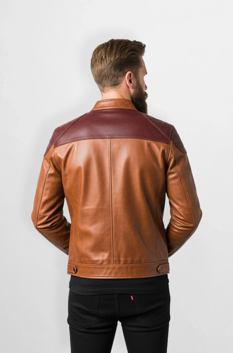 Classic Brown & Burgundy Leather Biker Jacket Back view